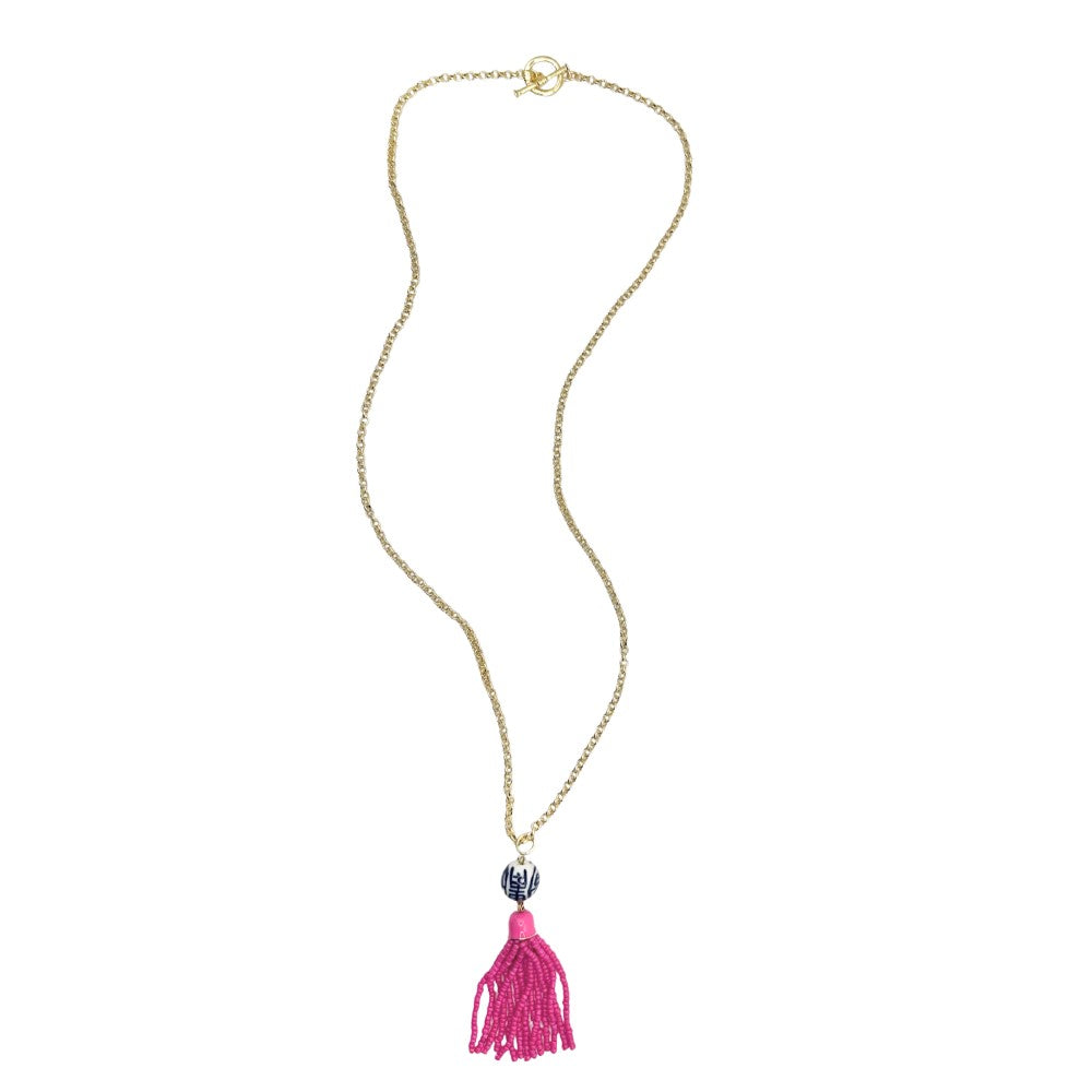 Long Toggle Necklace - China Blue Tassel - Gold
