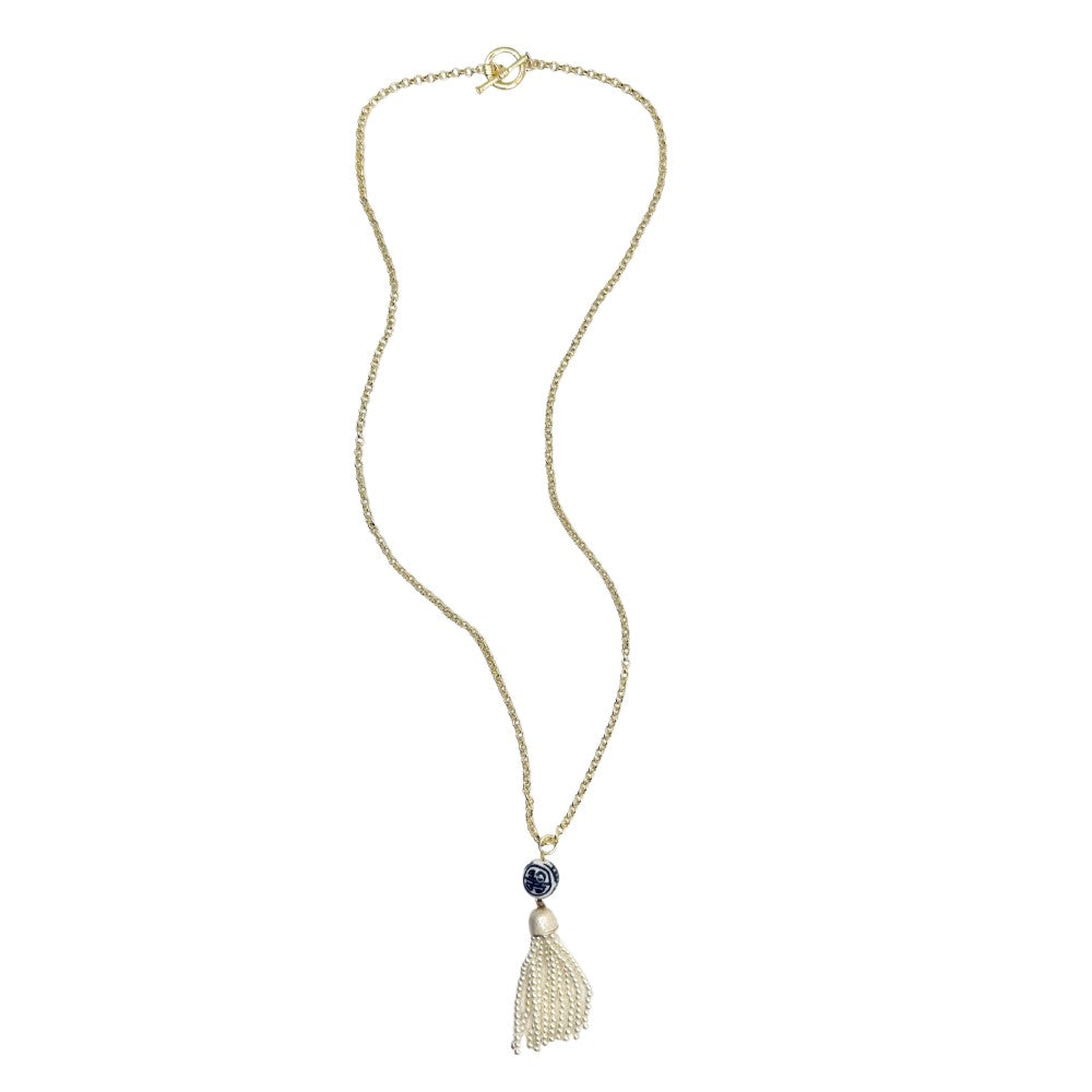 Long Toggle Necklace - China Blue Tassel - Gold