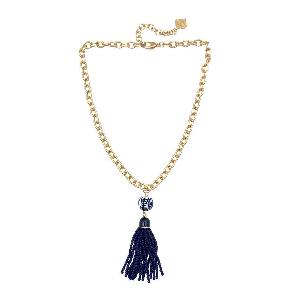 Trinity Necklace - China Blue Tassel - Brush Gold