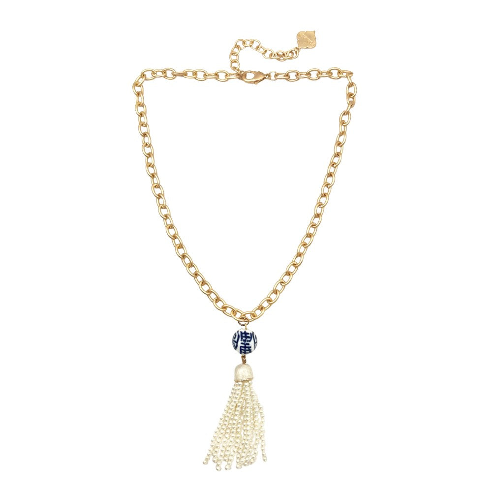 Trinity Necklace - China Blue Tassel - Brush Gold