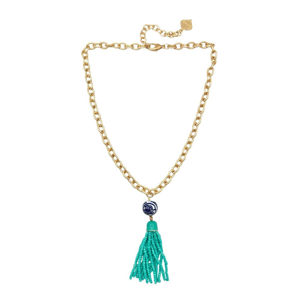 Trinity Necklace - China Blue Tassel - Brush Gold