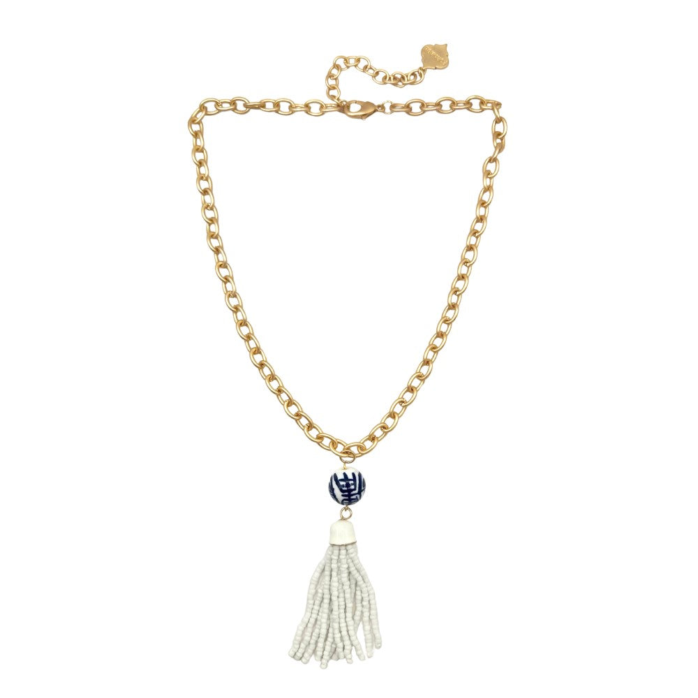 Trinity Necklace - China Blue Tassel - Brush Gold